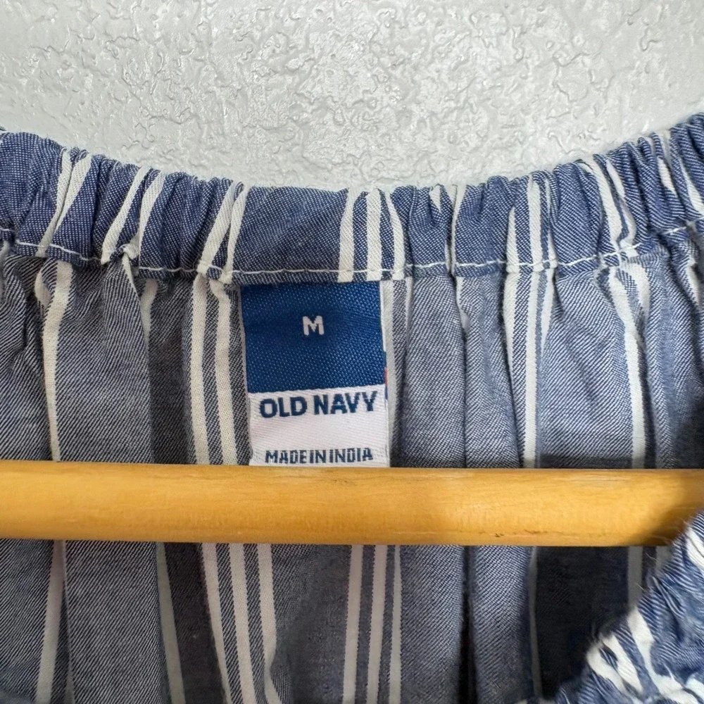 Old Navy Blue White Striped Puff Sleeve Peplum Top Blouse Medium Cotton